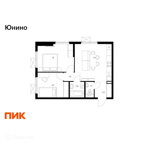 Планировка 2 комн. в ЖК Юнино
