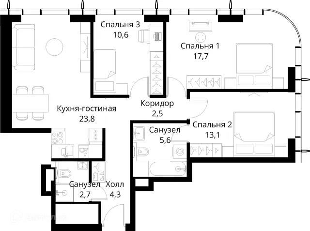 Планировка 3 комн. в ЖК "City Bay (Сити Бэй)"