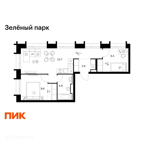 Планировка 2 комн. в ЖК Зелёный парк