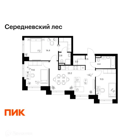 Планировка 3 комн. в ЖК Середневский лес