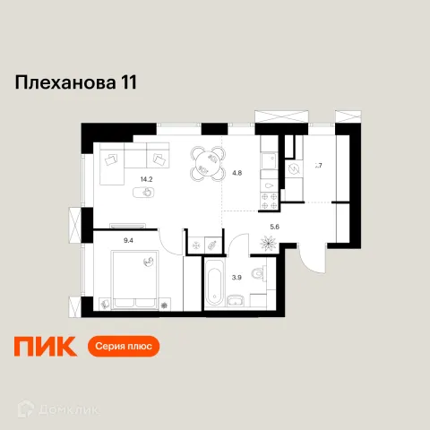 Планировка 1 комн. в ЖК Плеханова 11