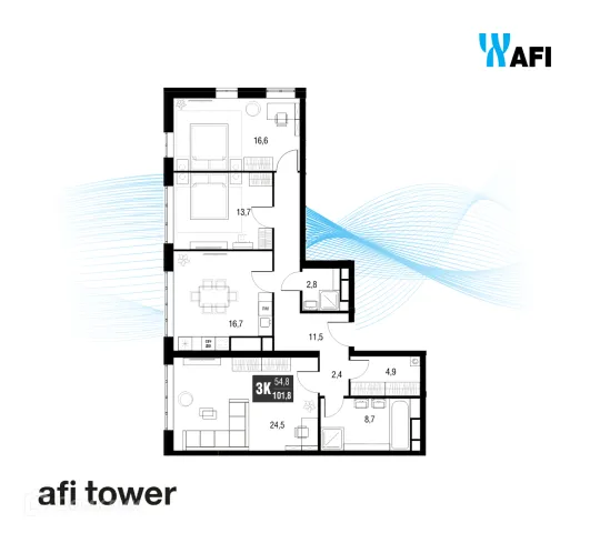 Планировка 3 комн. в ЖК "Afi Tower (Афи Тауэр)"