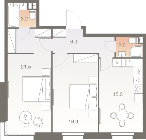 Планировка 2 комн. в ЖК Twelve  (Твелв )