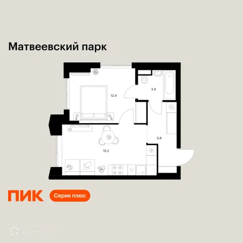 Планировка 1 комн. в ЖК Матвеевский парк