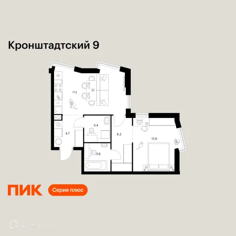 Планировка 1 комн. в ЖК Кронштадтский 9