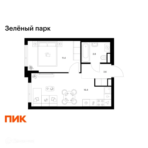 Планировка 1 комн. в ЖК Зелёный парк