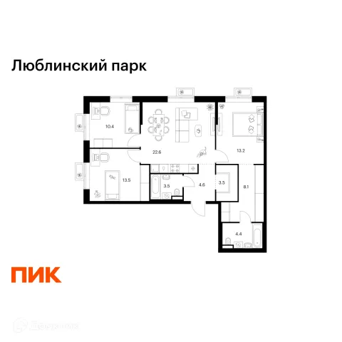 Планировка 3 комн. в ЖК Люблинский парк