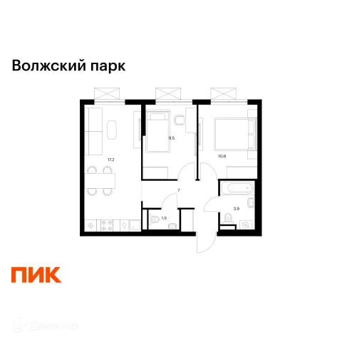Планировка 2 комн. в ЖК Волжский парк
