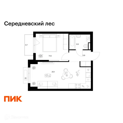 Планировка 1 комн. в ЖК Середневский лес