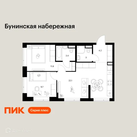 Планировка 2 комн. в «Бунинская набережная»