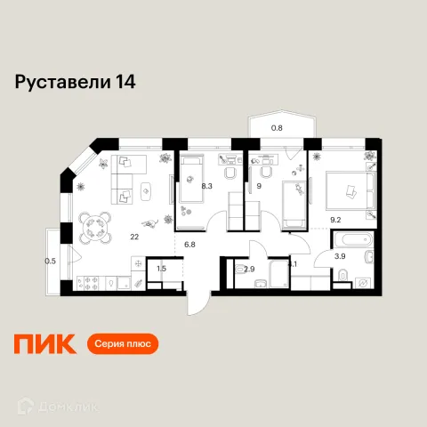 Планировка 3 комн. в ЖК Руставели 14