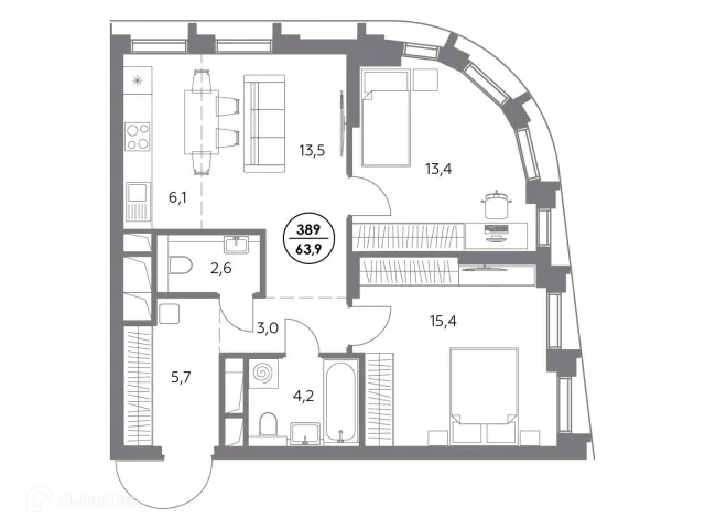 Планировка 2 комн. в ЖК "Дом 56"