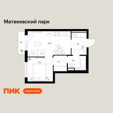 Планировка 1 комн. в ЖК Матвеевский парк