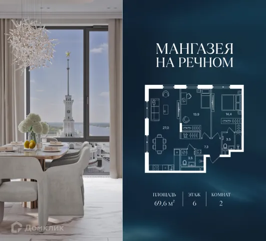 Планировка 2 комн. в ЖК Мангазея на Речном