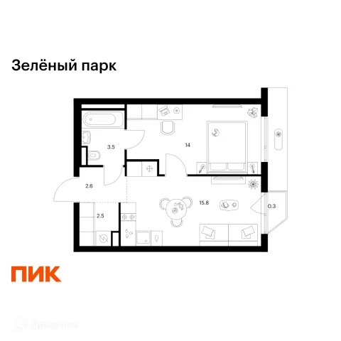 Планировка 1 комн. в ЖК Зелёный парк