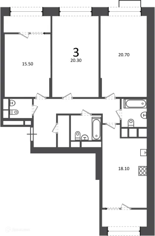 Планировка 3 комн. в Клинская ул., д. 2А (Московские кварталы)