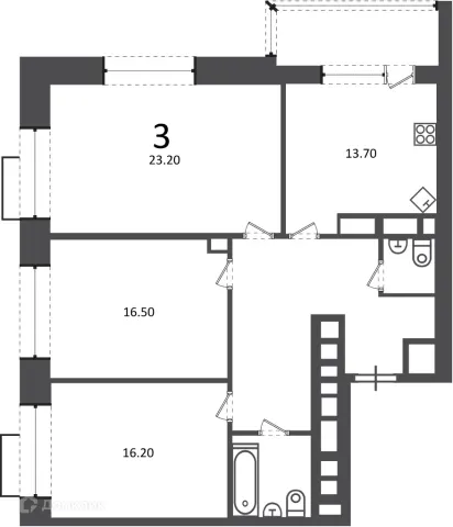 Планировка 3 комн. в Клинская ул., д. 2А (Московские кварталы)