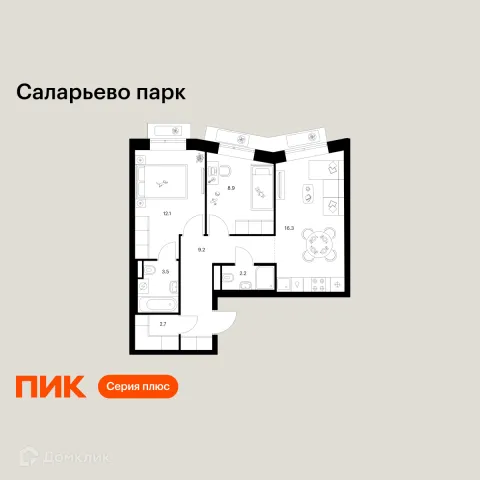 Планировка 2 комн. в ЖК Саларьево парк