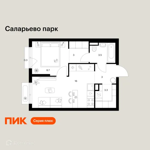 Планировка 1 комн. в ЖК Саларьево парк
