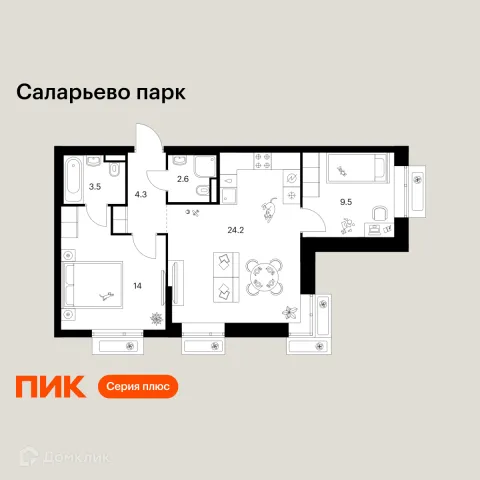 Планировка 2 комн. в ЖК Саларьево парк