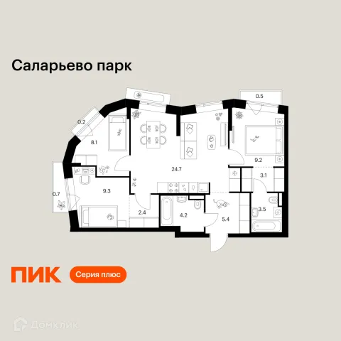 Планировка 3 комн. в ЖК Саларьево парк