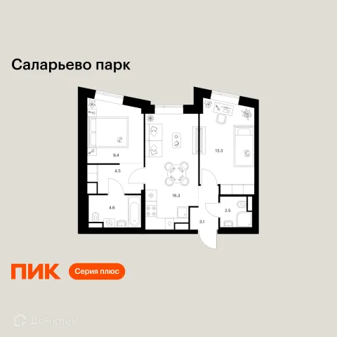 Планировка 2 комн. в ЖК Саларьево парк