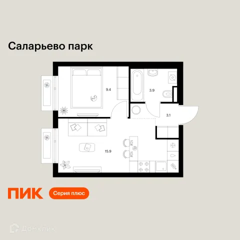 Планировка 1 комн. в ЖК Саларьево парк