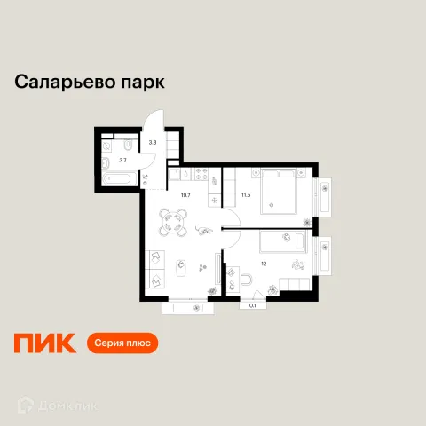 Планировка 2 комн. в ЖК Саларьево парк