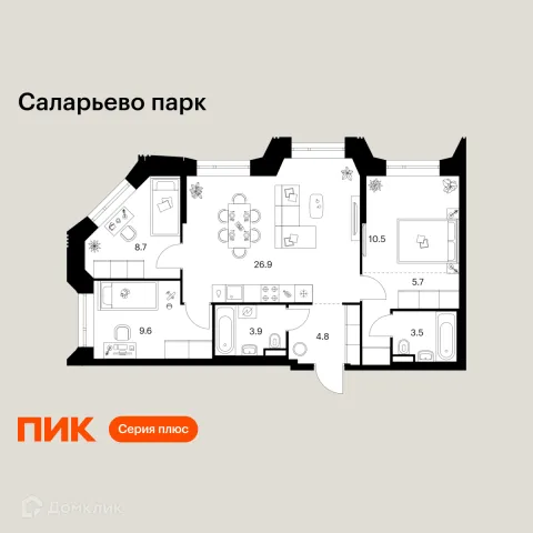 Планировка 3 комн. в ЖК Саларьево парк