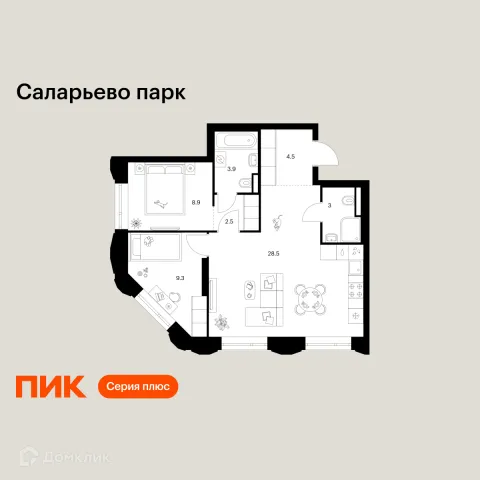 Планировка 2 комн. в ЖК Саларьево парк