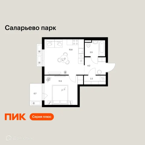Планировка 1 комн. в ЖК Саларьево парк