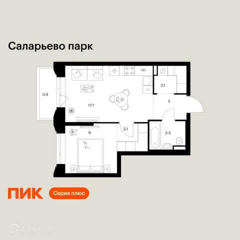 Планировка 1 комн. в ЖК Саларьево парк