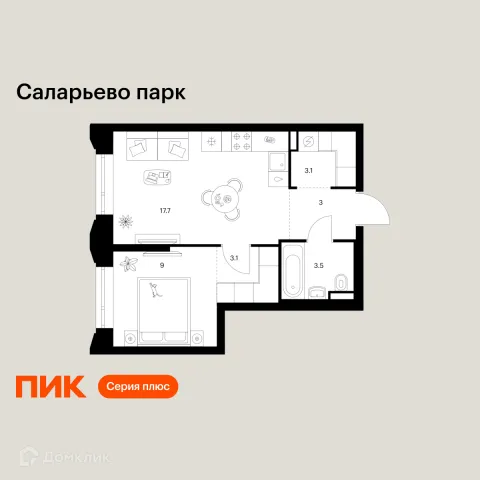 Планировка 1 комн. в ЖК Саларьево парк