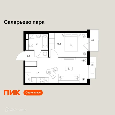 Планировка 1 комн. в ЖК Саларьево парк
