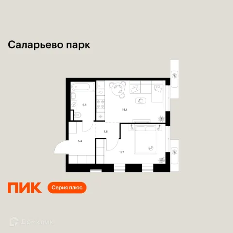 Планировка 1 комн. в ЖК Саларьево парк
