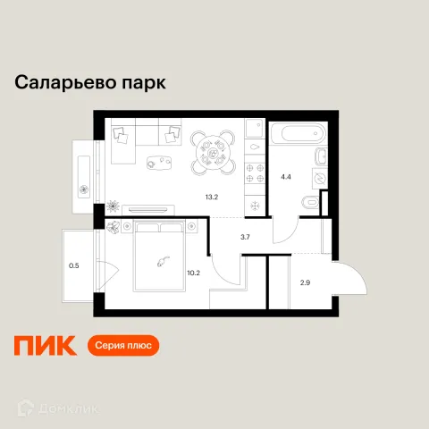 Планировка 1 комн. в ЖК Саларьево парк