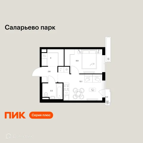 Планировка 1 комн. в ЖК Саларьево парк