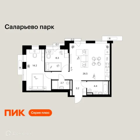 Планировка 2 комн. в ЖК Саларьево парк