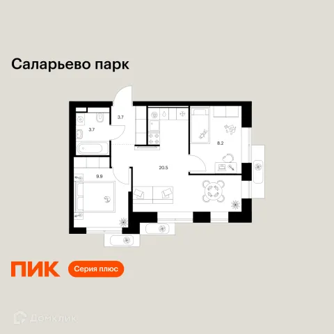 Планировка 2 комн. в ЖК Саларьево парк