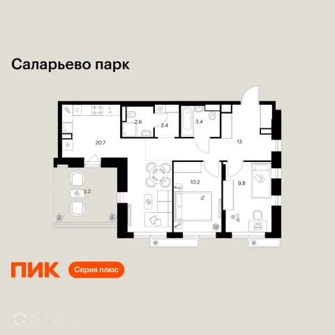 Планировка 2 комн. в ЖК Саларьево парк