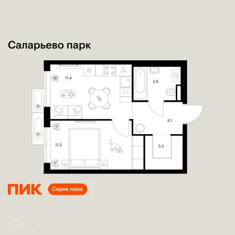 Планировка 1 комн. в ЖК Саларьево парк