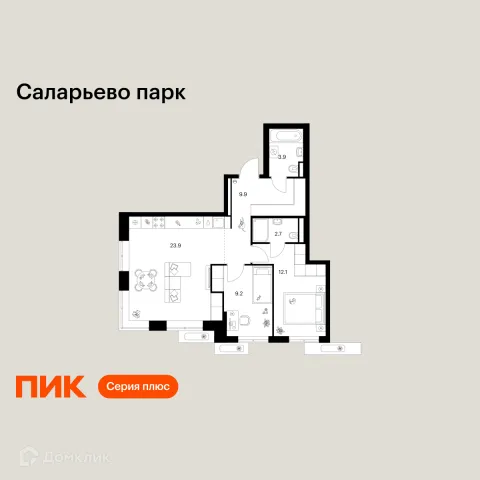 Планировка 2 комн. в ЖК Саларьево парк