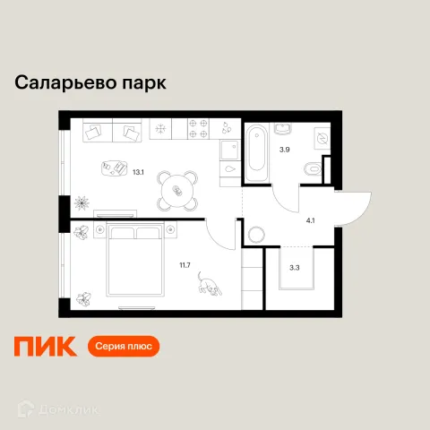 Планировка 1 комн. в ЖК Саларьево парк