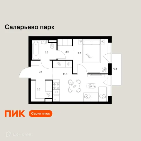 Планировка 1 комн. в ЖК Саларьево парк