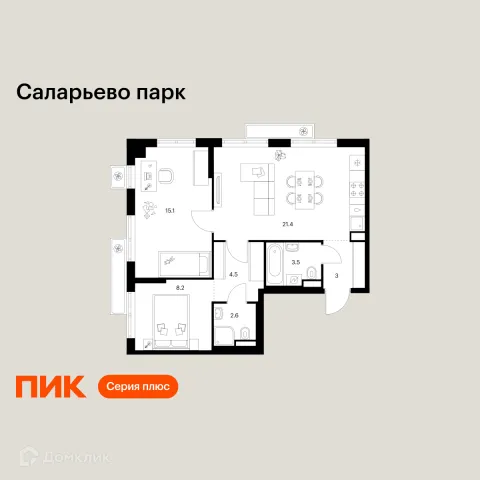 Планировка 2 комн. в ЖК Саларьево парк