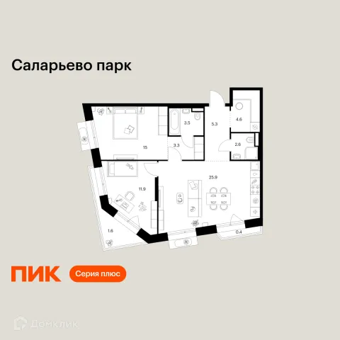 Планировка 2 комн. в ЖК Саларьево парк