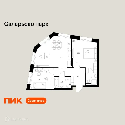 Планировка 2 комн. в ЖК Саларьево парк