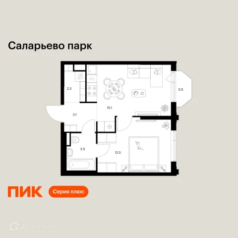 Планировка 1 комн. в ЖК Саларьево парк