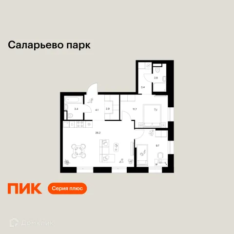 Планировка 2 комн. в ЖК Саларьево парк