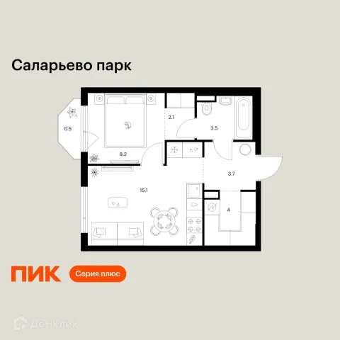 Планировка 1 комн. в ЖК Саларьево парк